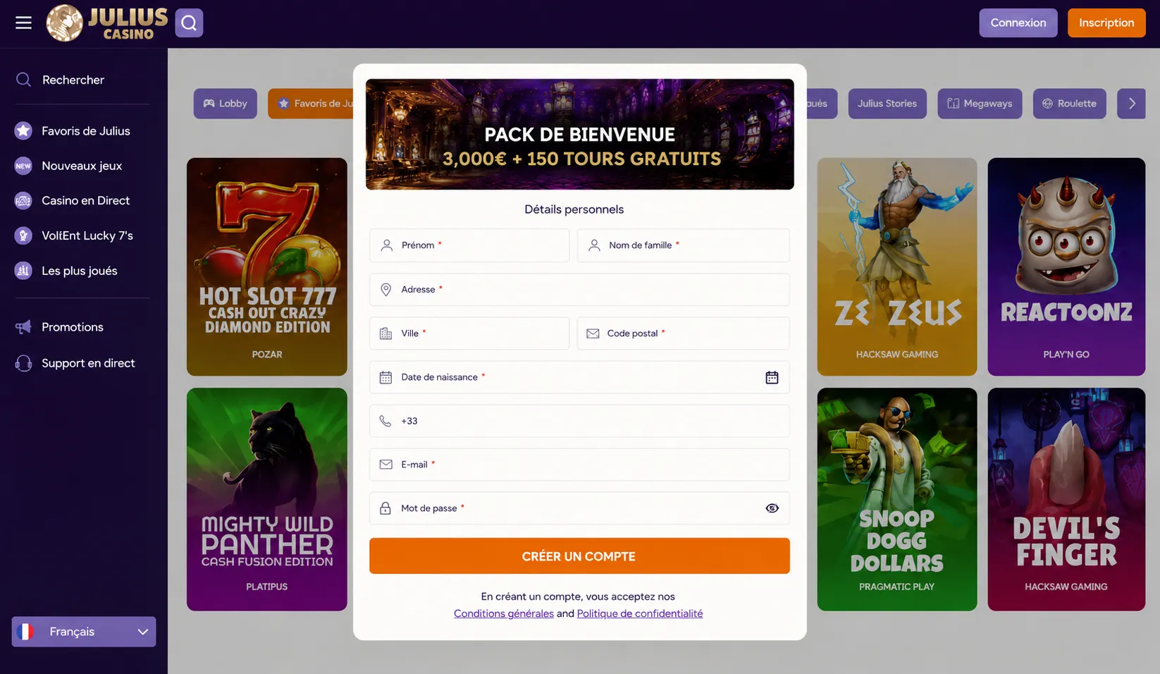 Accéder à la page de Julius Casino connexion